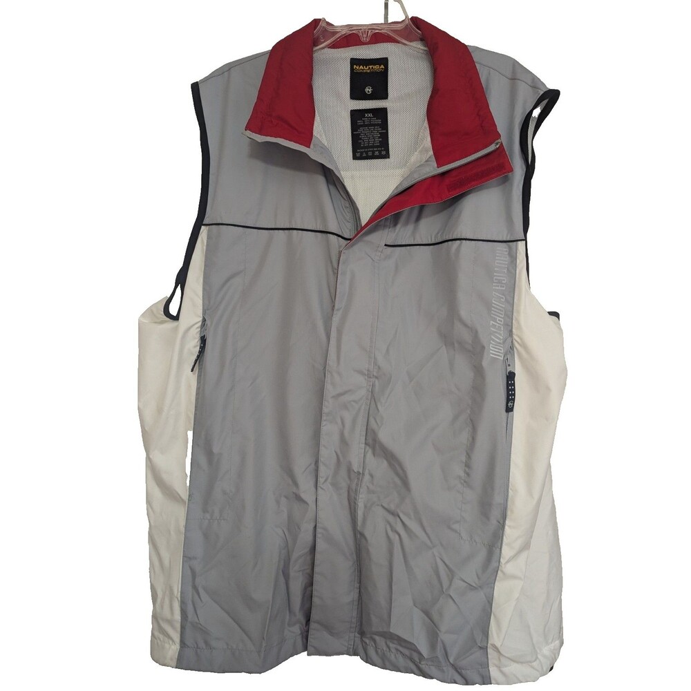 VTG Nautica Competition Men's Vest XXL Gray White Mesh Lined Hood 3-Zip 90s Sail